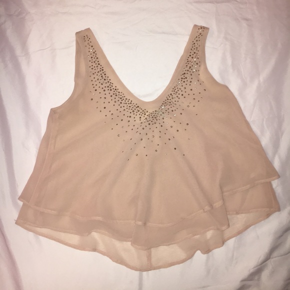 Gold sequin top, sheer tan, deep v. - Picture 1 of 4