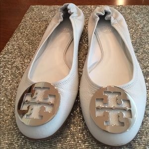 Tory Burch White Reva Flat with Silver Buckle