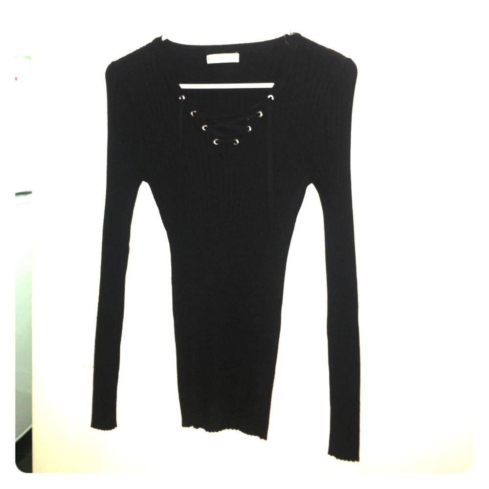 Black ribbed lace up at neck pullover