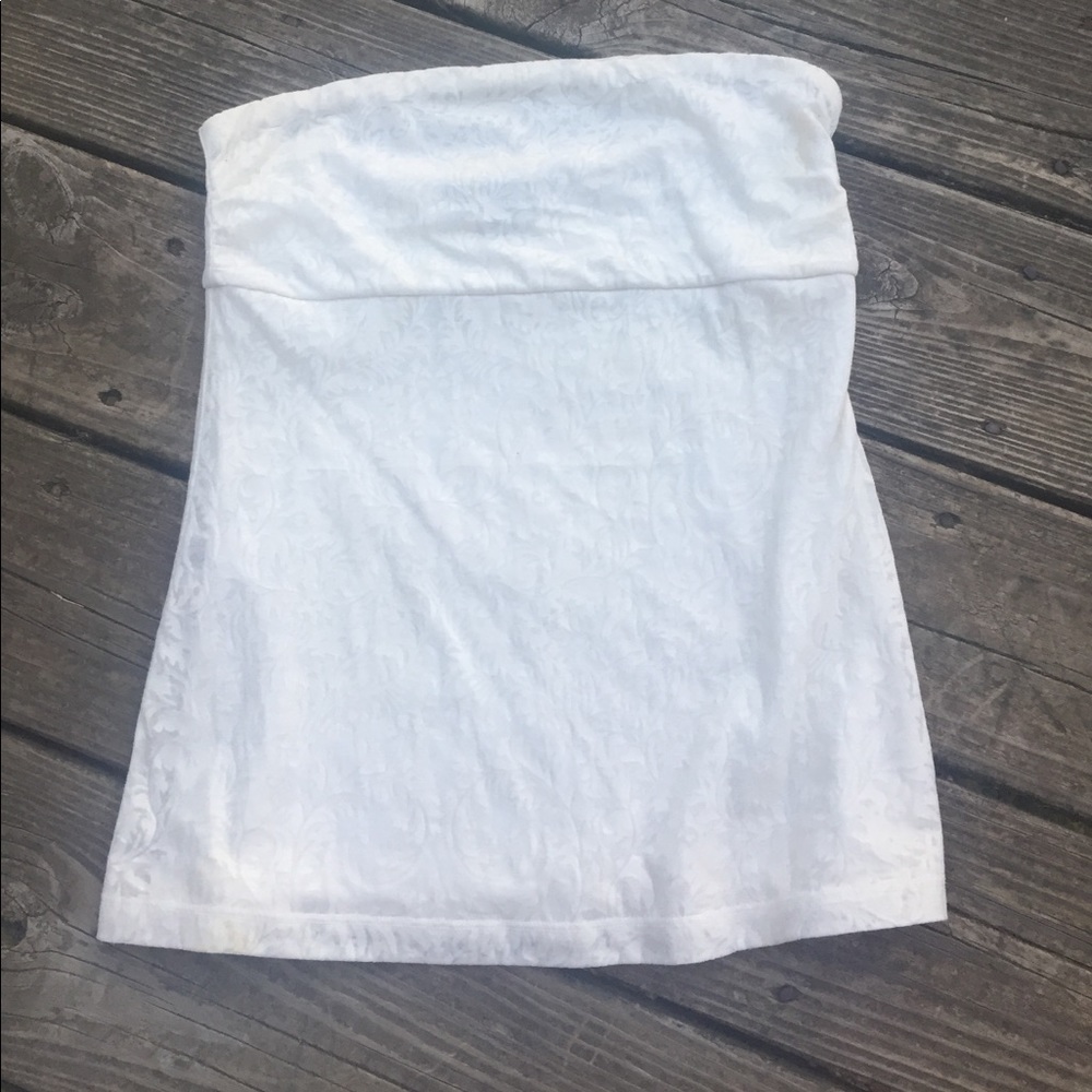 Strapless Express off-white shimmer top