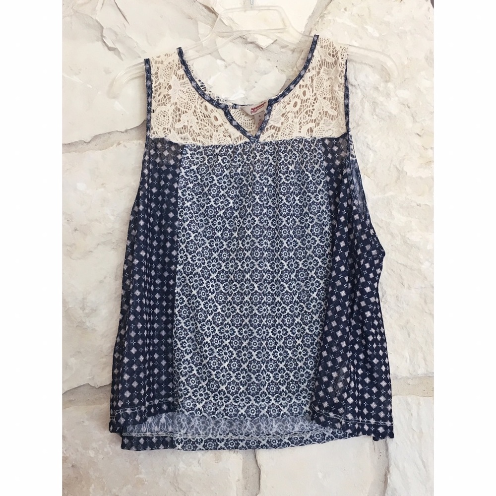 Boho Navy Blouse with Lace Shoulders