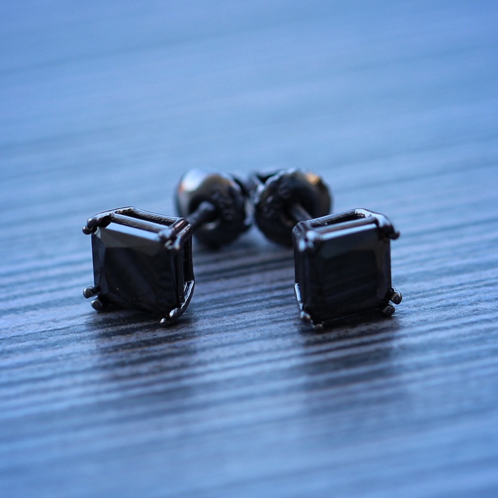 Men's Black Princess Cut Screw Back Stud Earrings