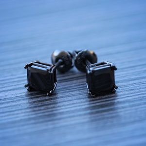Men's Black Princess Cut Screw Back Stud Earrings