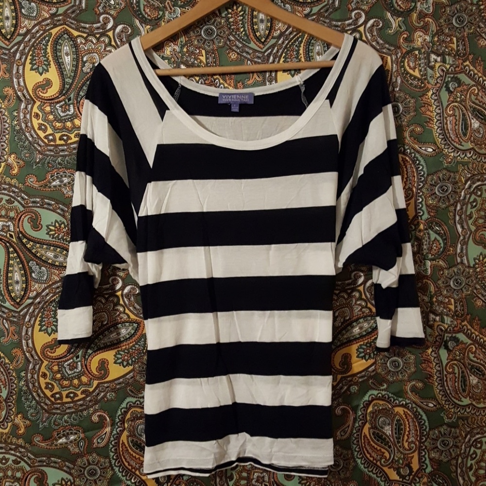 Vivienne Tam Navy Striped 3/4 Sleeve Top