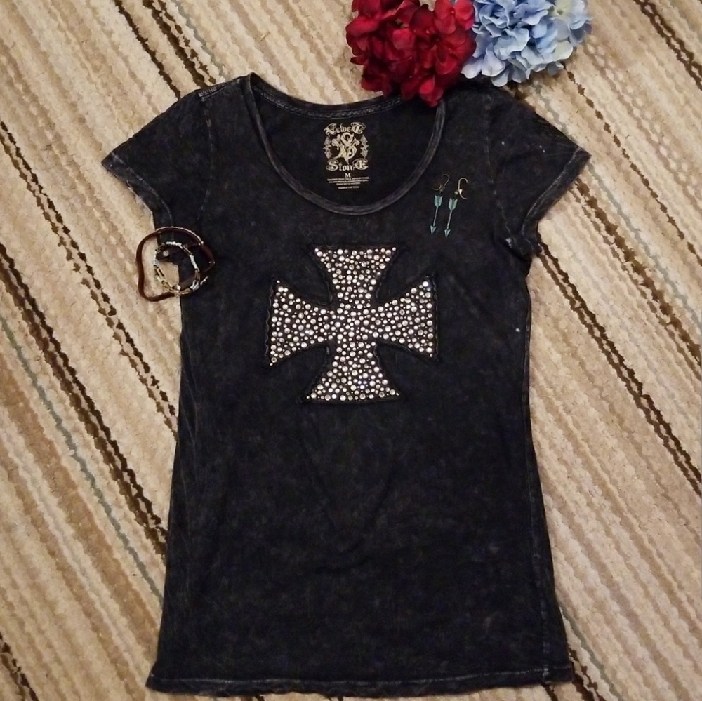 Rebel Stone Beaded Cross Top