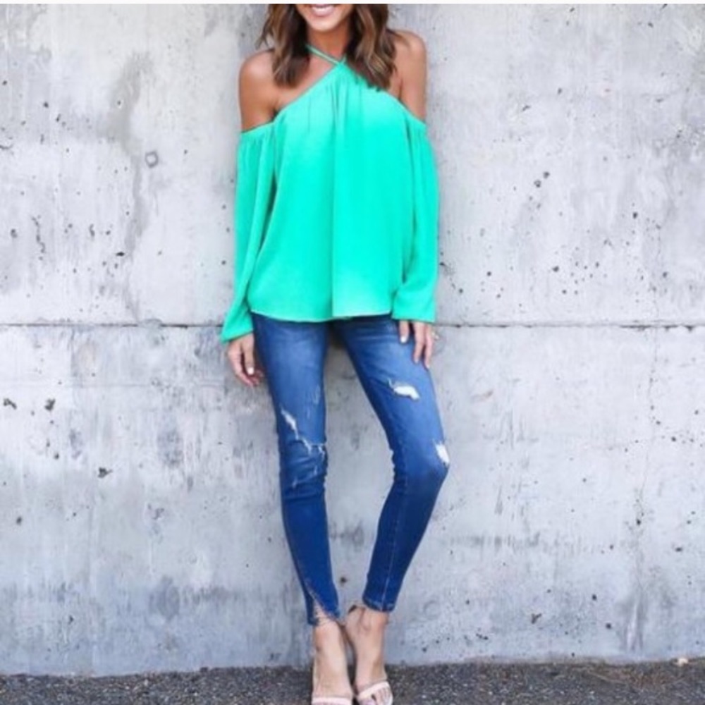 NWOT Gorgeous Green Cold Shoulder Top