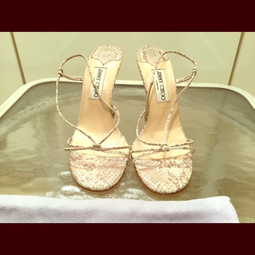Jimmy Choo Beige S-Strap Snakeskin Sandals SZ 37.5