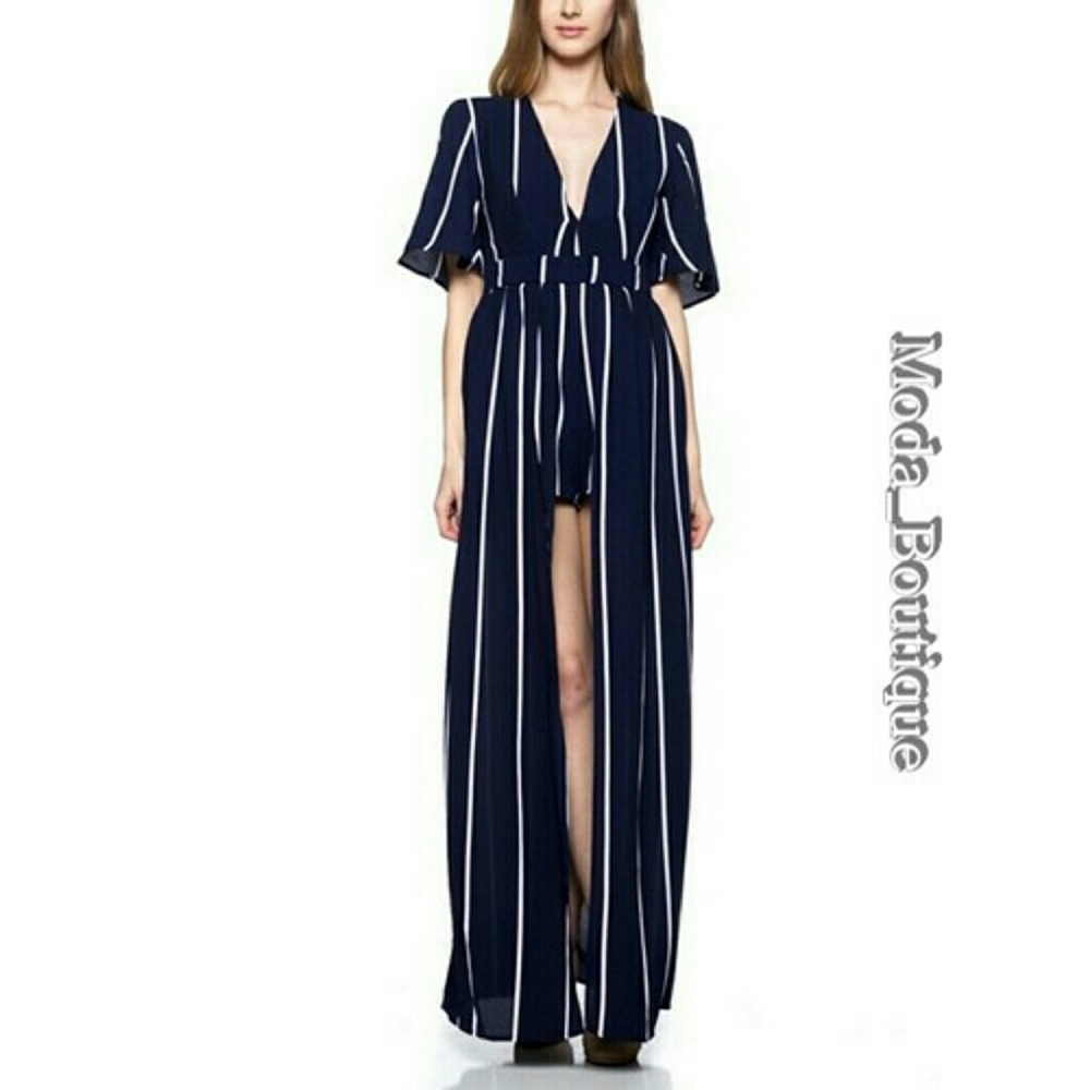 Beautiful Navy & White Stripe Overlay Jumpsuit - Picture 3 of 6