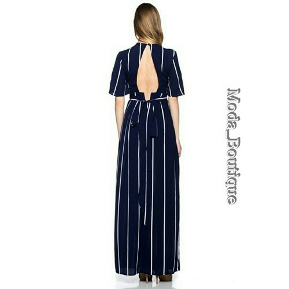Beautiful Navy & White Stripe Overlay Jumpsuit - Picture 5 of 6
