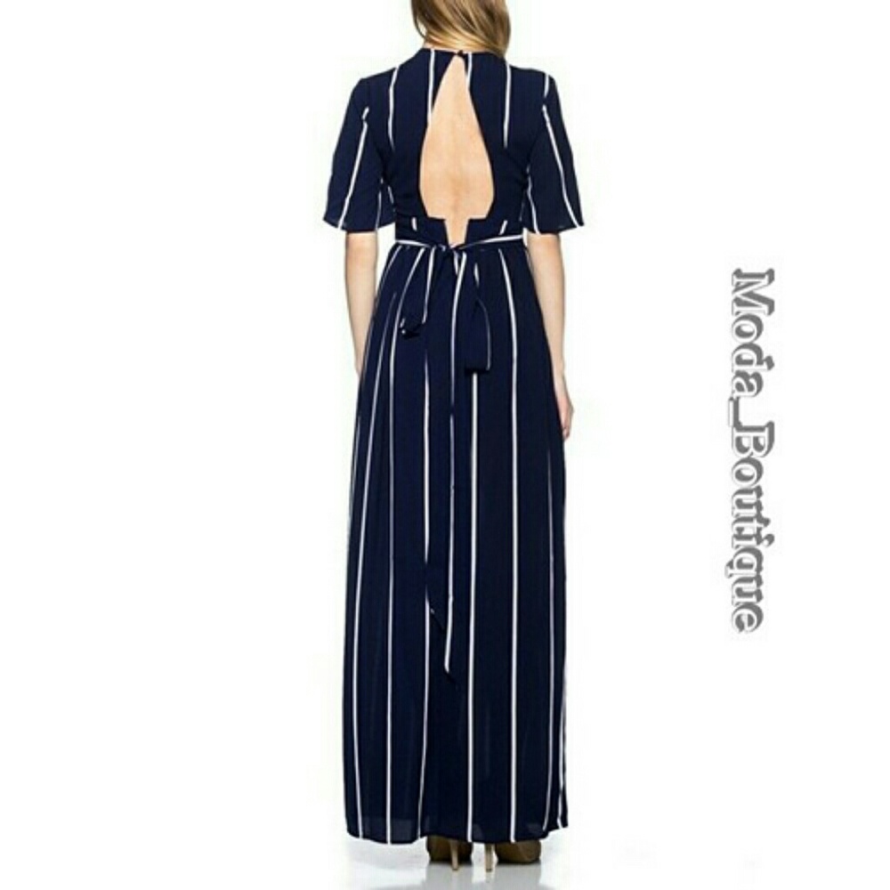 Beautiful Navy & White Stripe Overlay Jumpsuit - Picture 6 of 6