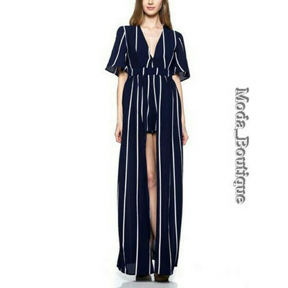 Beautiful Navy & White Stripe Overlay Jumpsuit - Picture 3 of 6