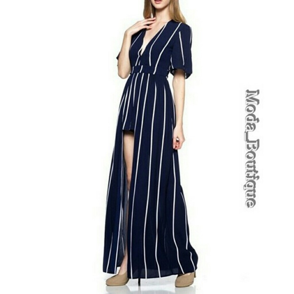 Beautiful Navy & White Stripe Overlay Jumpsuit - Picture 4 of 6