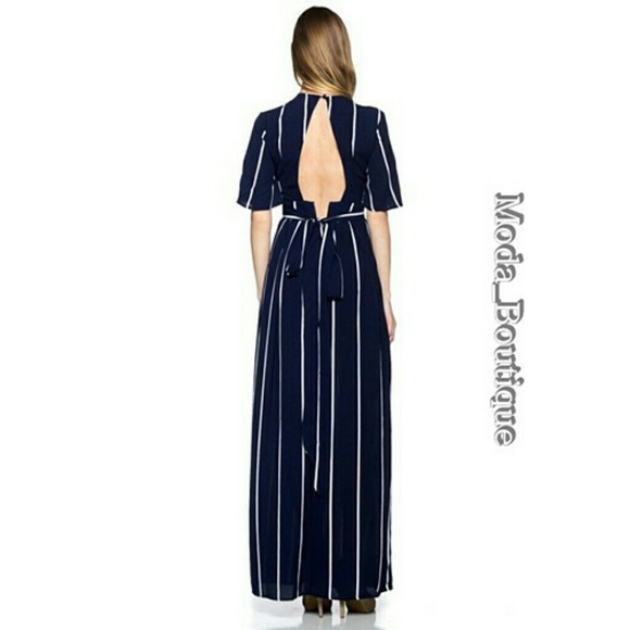 Beautiful Navy & White Stripe Overlay Jumpsuit - Picture 5 of 6