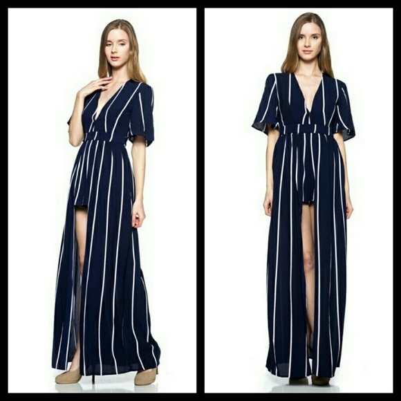 Beautiful Navy & White Stripe Overlay Jumpsuit - Picture 2 of 6