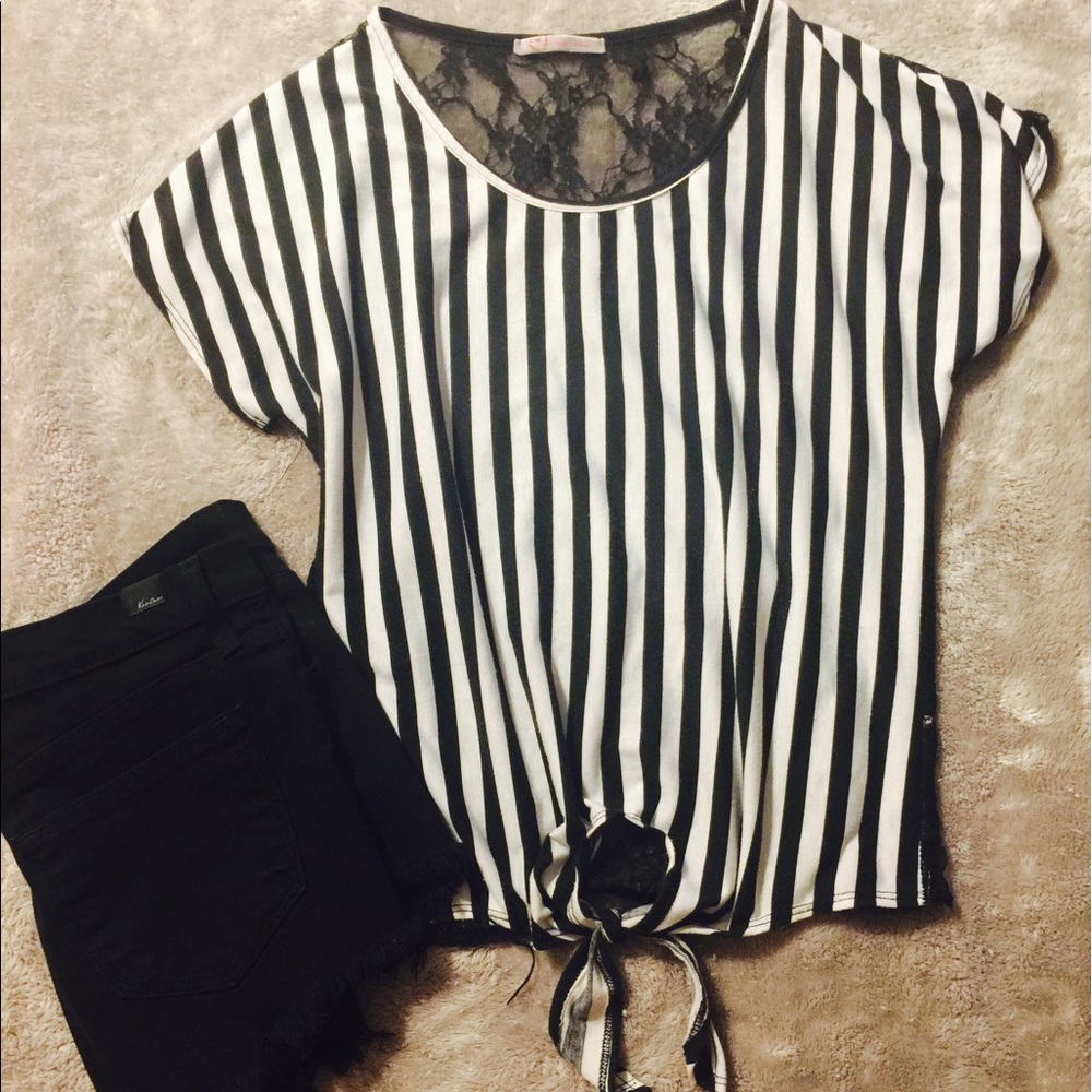 Black & White Stripes w lace back top