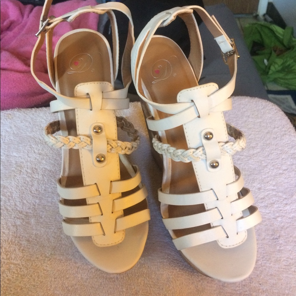 White 6" High Heel Wedge Cork Style Sandals - NEW