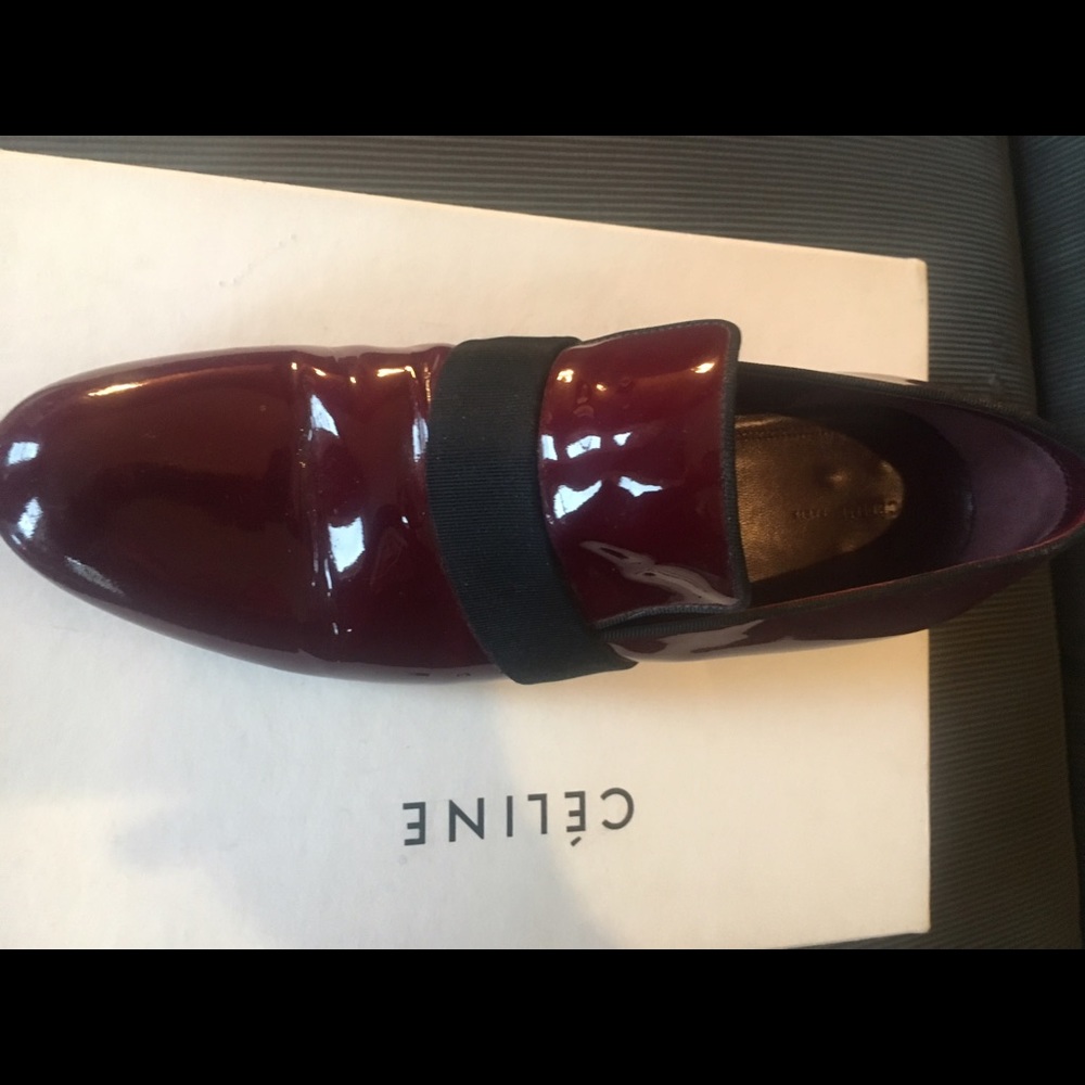 CELINE burgundy/oxblood patent leather loafers