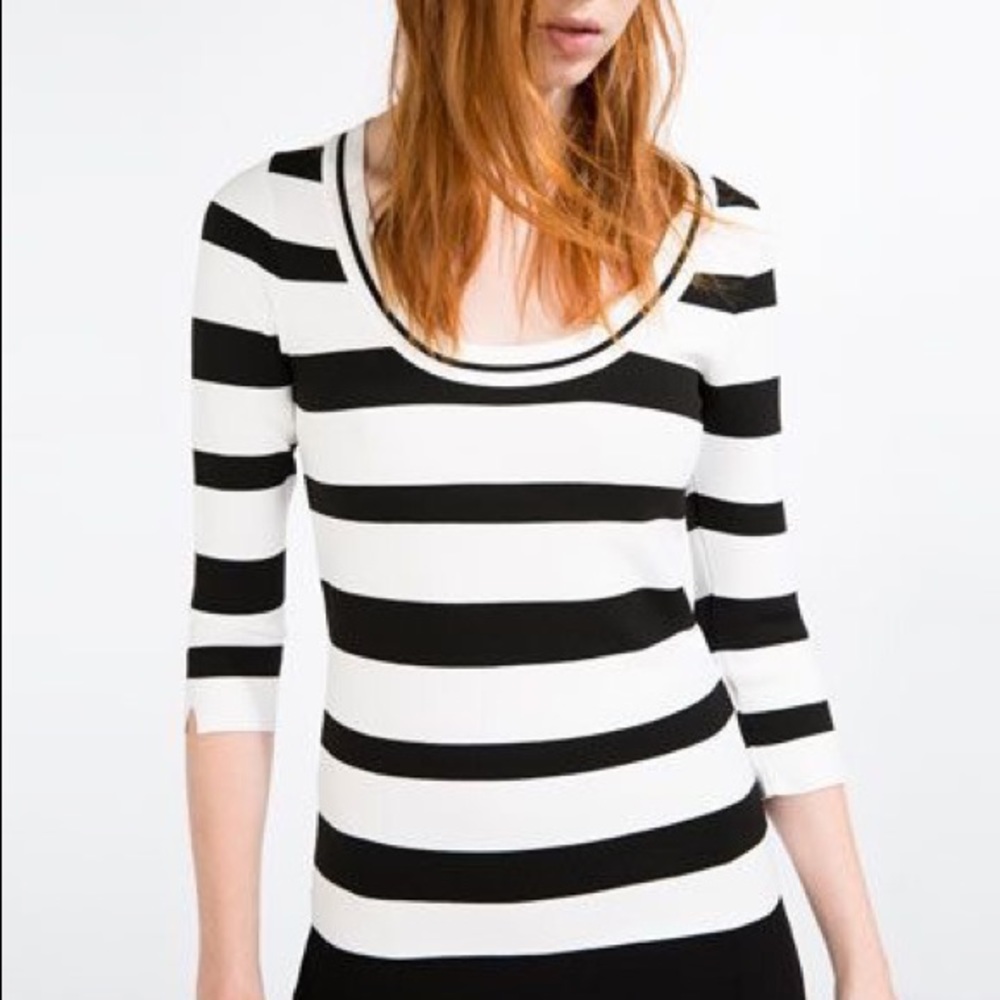 zara black and white scoopneck top