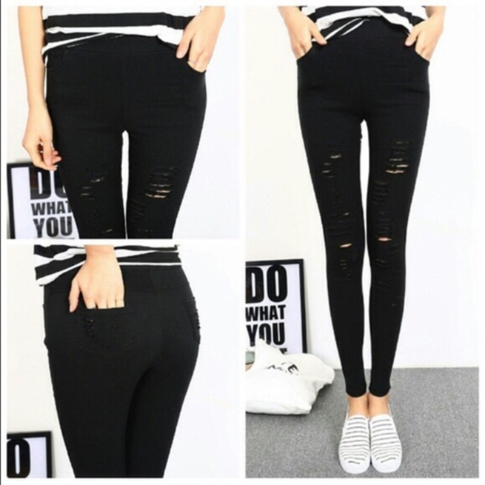 Super Stretch Black Distressed Leggings - Picture 2 of 4