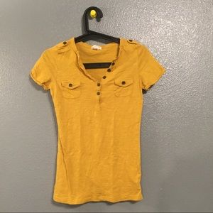 Yellow Short Sleeved Top With Buttons and Pockets