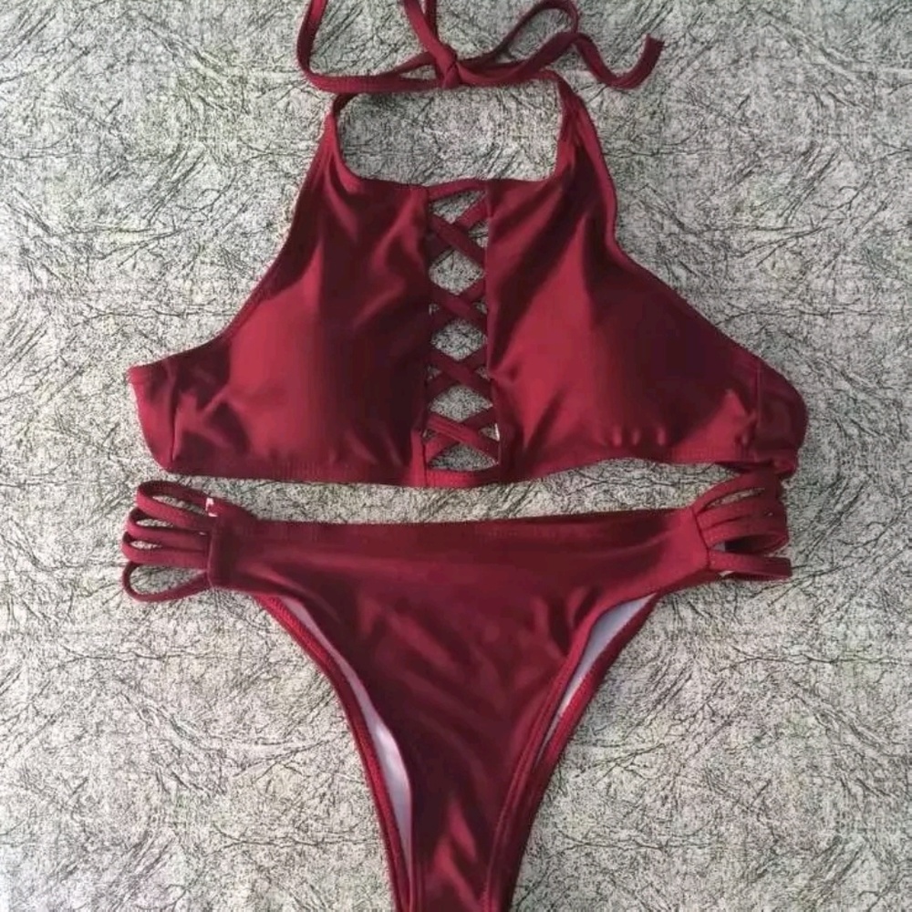 Some Red High Neck Lace Up Swimsuit