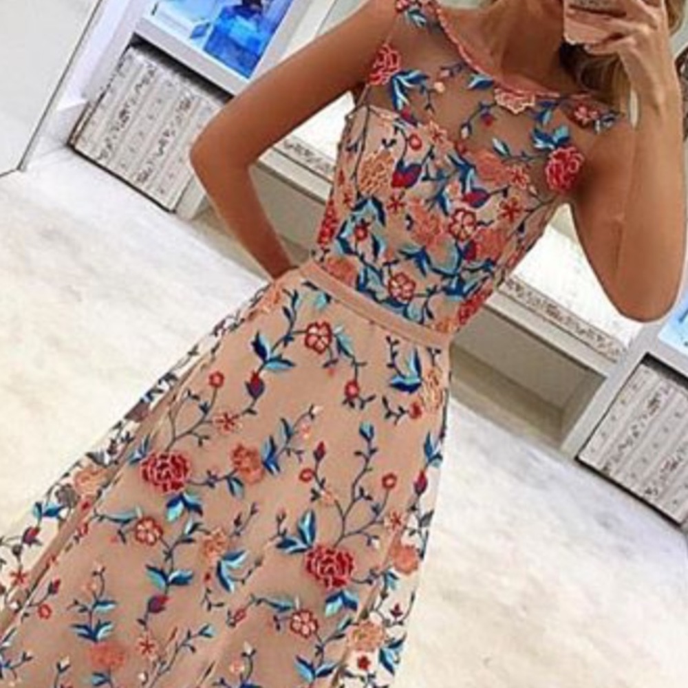 Embroidered flower boho style prom dress