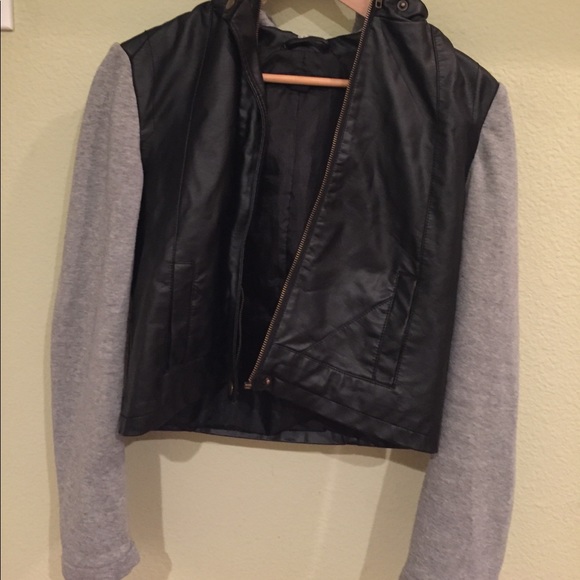 Leather Jacket with Gray Sleeves and Hood - Picture 1 of 2