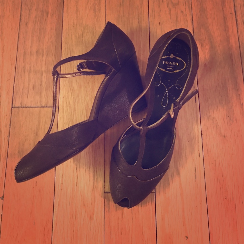 Prada t-strap wedge heels