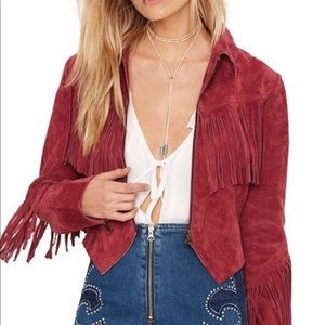 NWOT Faux suede red fringe jacket