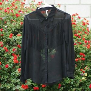 Sheer black blouse w/fringe & low open back
