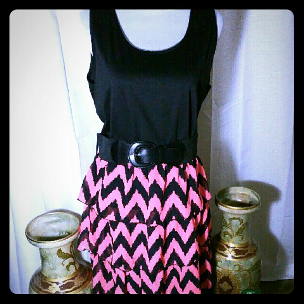 Tiered Chevron Junior Plus Dress w/Belt