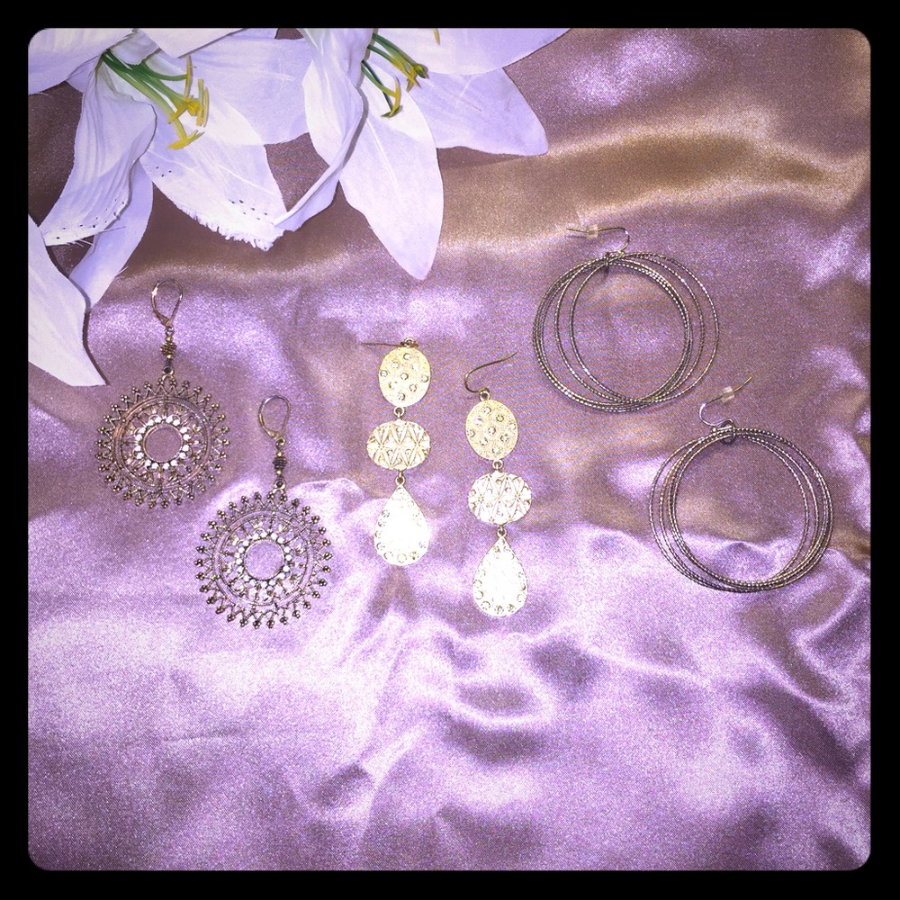 3 Sets of Gold Dangle Earrings, Gently Used