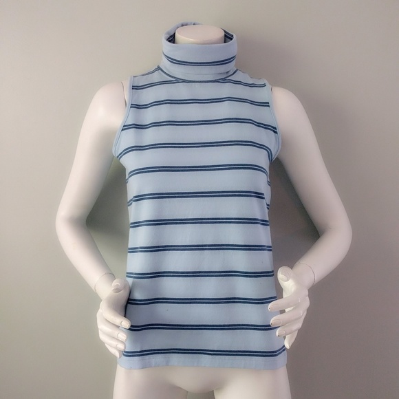 Vintage 1990s Tommy Hilfiger Blue Striped Cotton Turtleneck Tank M - Picture 1 of 6