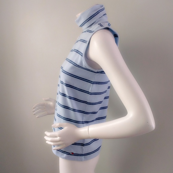 Vintage 1990s Tommy Hilfiger Blue Striped Cotton Turtleneck Tank M - Picture 3 of 6