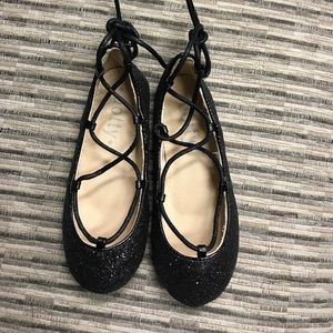 Black glitter lace up ballet flat
