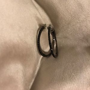 Medium dark silver black stone hoops