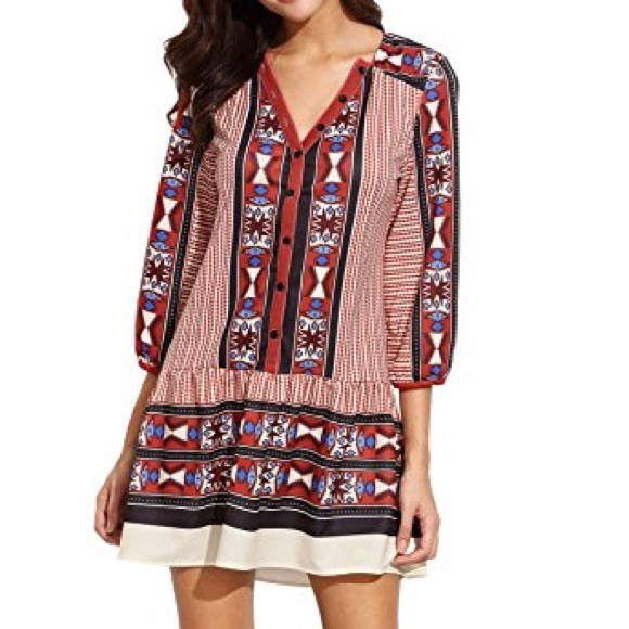 🆕 Cute Bohemian Red Print Dress - Picture 4 of 6