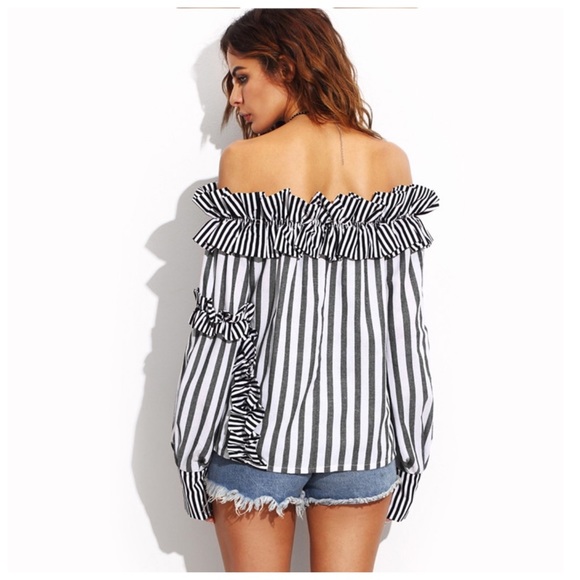 Mixed Stripe Ruffle Off The Shoulder Top D40 - Picture 2 of 6