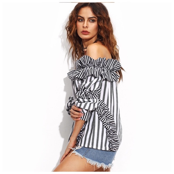 Mixed Stripe Ruffle Off The Shoulder Top D40 - Picture 3 of 6