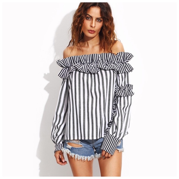 Mixed Stripe Ruffle Off The Shoulder Top D40 - Picture 5 of 6