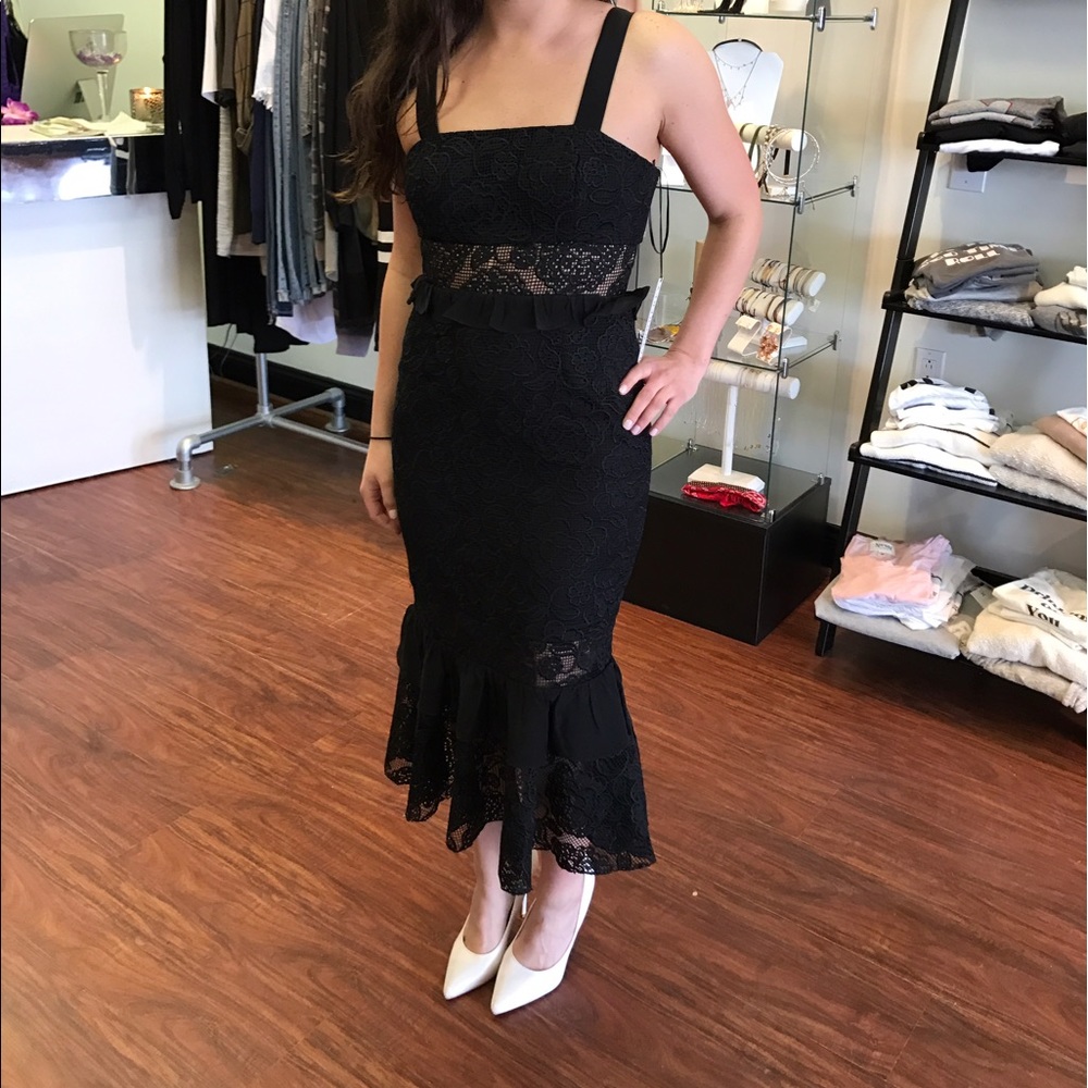 Jay Godfrey Ignila Black Lace Panel Midi Dress