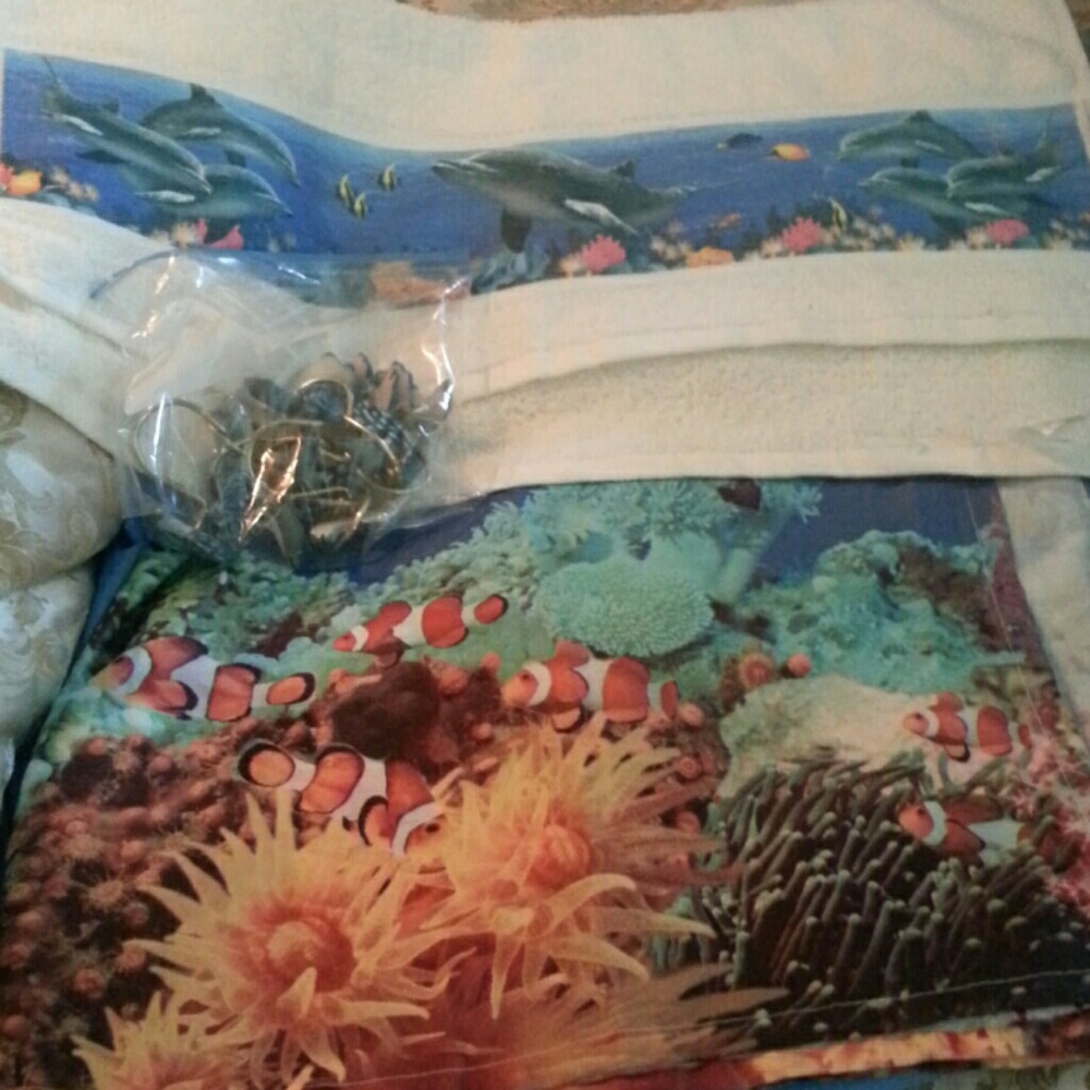 Kids bathroom fish/ whale shower curtain set.