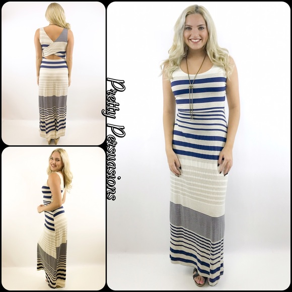 CLEARANCE‼️NWT Navy Tan Cream Striped Maxi Dress - Picture 2 of 5