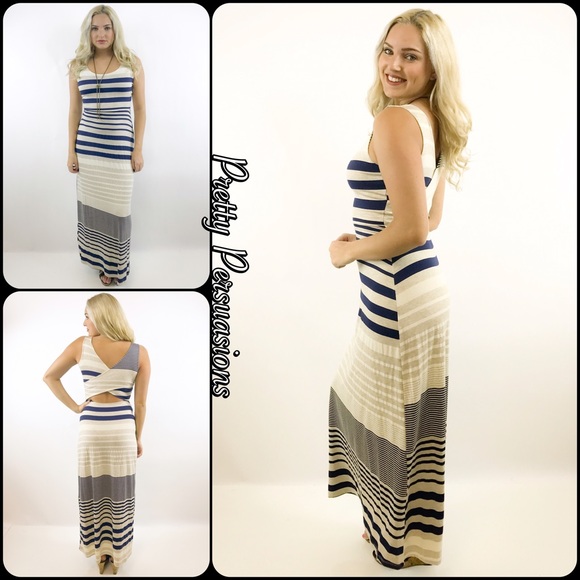 CLEARANCE‼️NWT Navy Tan Cream Striped Maxi Dress - Picture 3 of 5