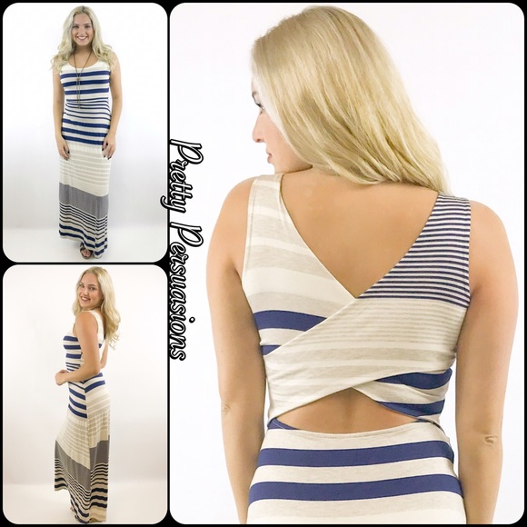 CLEARANCE‼️NWT Navy Tan Cream Striped Maxi Dress - Picture 5 of 5