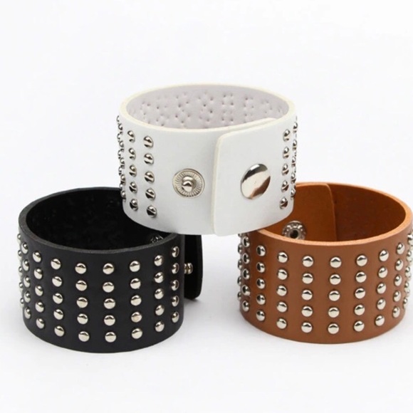 New Leather Bracelet Punk Style White & Silver - Picture 3 of 4