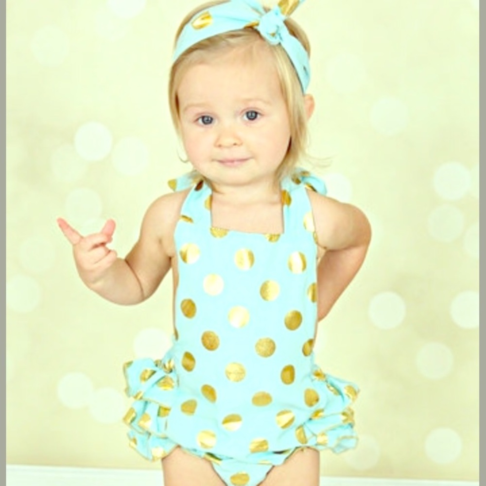 NWOT Mint & Gold Romper and Headband Infant 12-18m