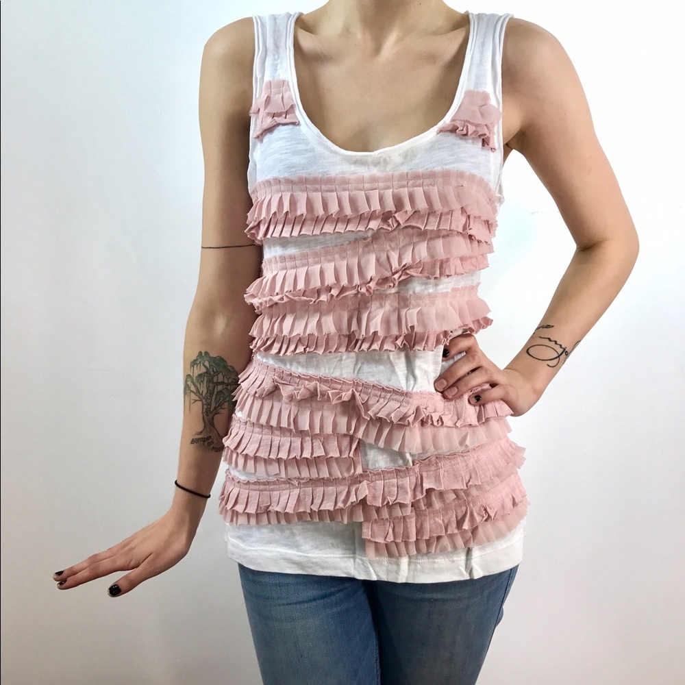 Banana Republic White Sleeveless with pink ruffles