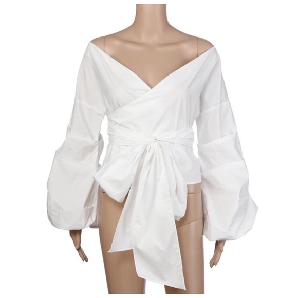 ‼️PRICE FIRM LAST CALL White Puff Sleeve Wrap Top - Picture 5 of 7