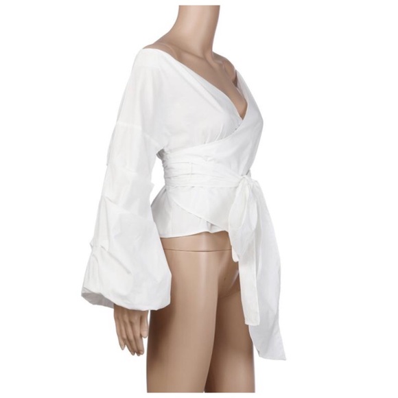 ‼️PRICE FIRM LAST CALL White Puff Sleeve Wrap Top - Picture 6 of 7